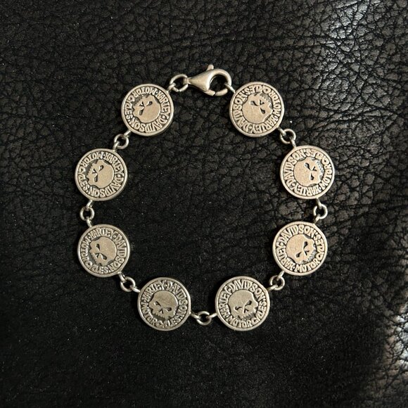 Vtg Harley Davidson Women .925 Sterling Silver Bracelet Skulls Coins Sz 7” - Picture 1 of 7